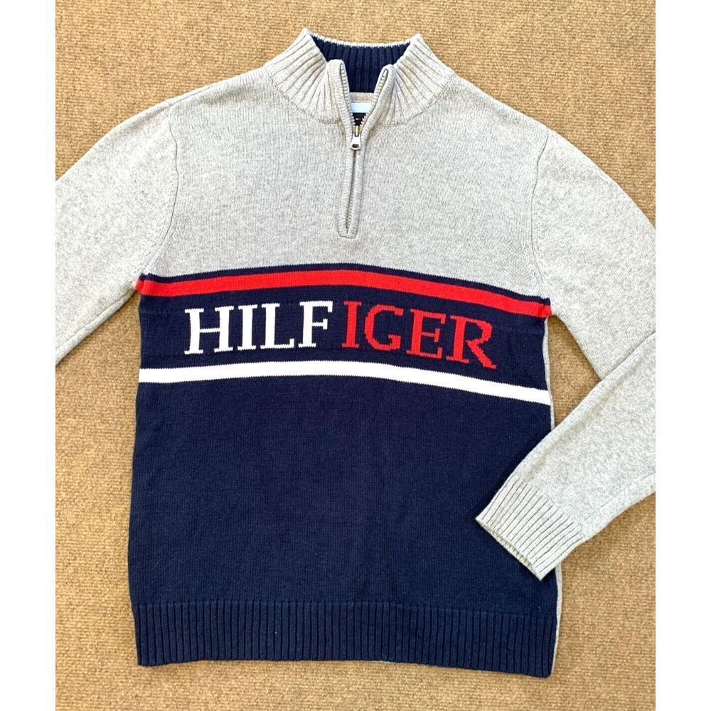 Tommy Hilfiger Sweater Boys L 16/18 Spell Out Cotton 1/4 Zip Colorblock Pullover